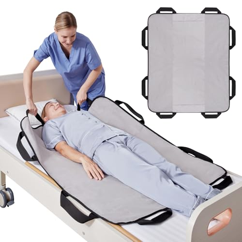 NIHAO Draw Sheet with Handles Positioning Bed Pad Washable 48" x 40" Multipurpose Patented Flannel Patient Transfer Sheet for Bedridden Lifting Turning Sliding, Navy Blue