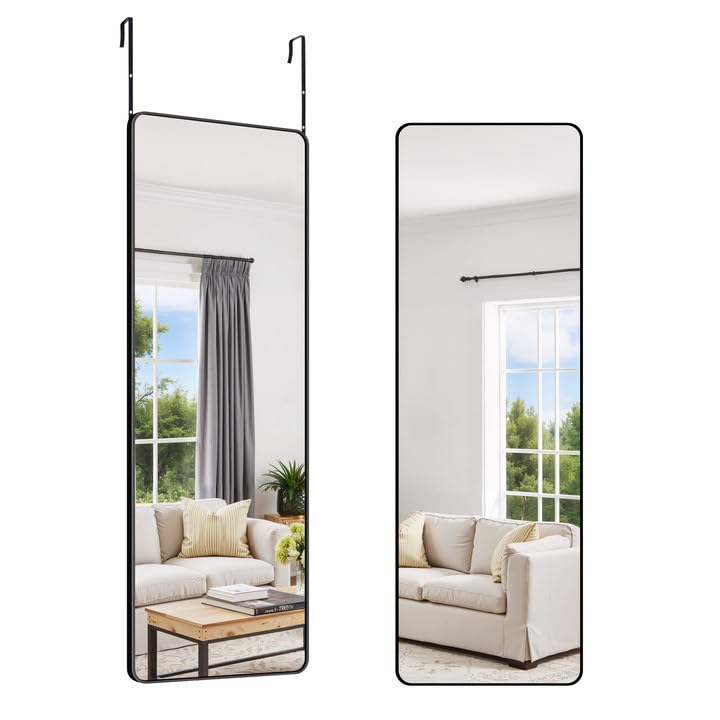 COFENY Deurspiegel, 35 x 105 cm Wandspiegel in Hoogte Verstelbaar met Haak, Rechthoekige Full-body Spiegel met Zwart Frame, Hangspiegel met Afgeronde Hoeken voor Slaapkamer, Woonkamer