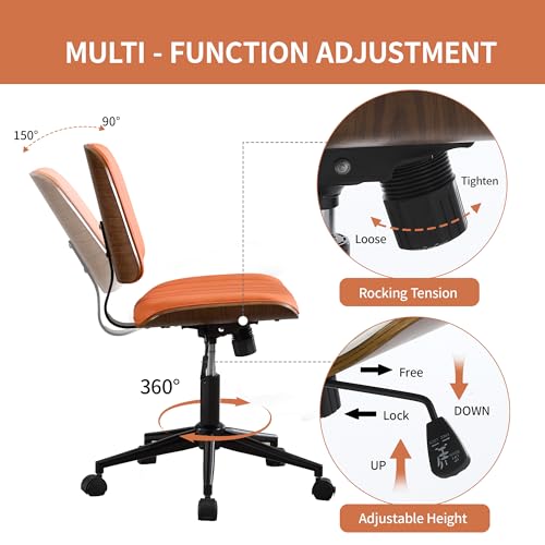 Image of Armless Rolling Office Desk Chair, Adjustable Height Computer Chair, Orange
