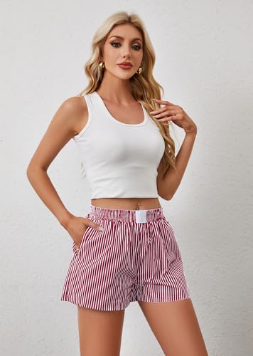 Image of Ythomm Womens Lounge Shorts Y2k Striped Print Elastic Waist Pajama Shorts Cute Boxers Bottoms With Pockets Comfy Sleepwear