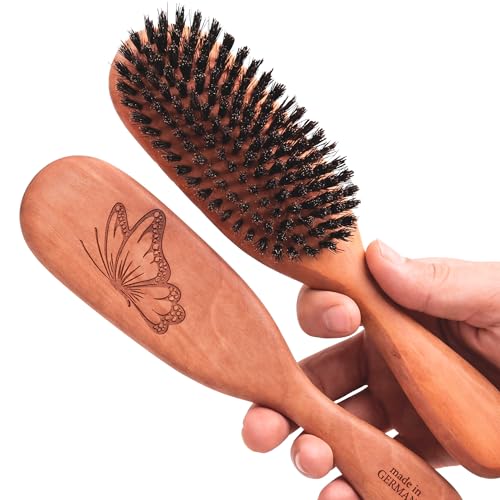 100% Wild Boar Bristle Hairbrush for Natural Healthy Hair, The Tibet brush, Medium Soft Bristles, Pear Wood Handle, for Fine or Thinning Hair, for Women & Men, Made in Germany's Black Forest