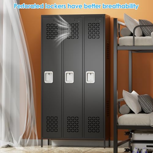 METAN Upgrade Metal Lockers for School Office Gym Bedroom,3 Doors Steel Storage Locker Cabinet for Employees,Industrial Storage Locker with 2 Shelves,Assembly Required,Black