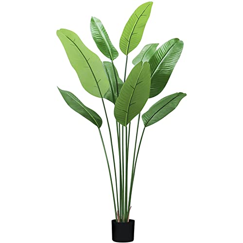5 Ft Artificial Trees, 59"Artificial Silk Bird Of Paradise Palm Tree, 9 Nearly Natural Leaves And Thick Durable Pot, Tall Fake Faux Tree Perfect For Indoor Outdoor Home Office Decor Housewarming Gift #TOP12