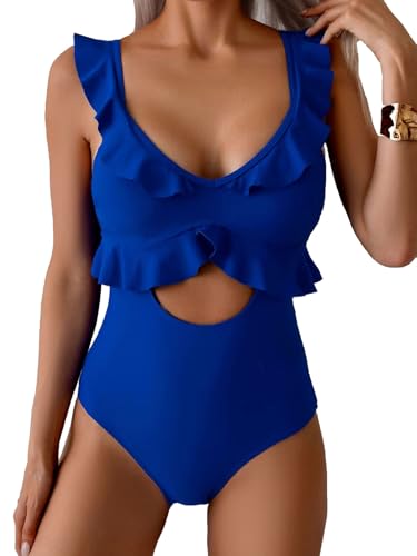 Rainlover Womens One Piece Swimsuits Tummy Control Bathing Suit Cutout High Waisted Ruffle Wrap V Neck Swimwear