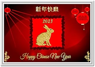 Chinese New Year Card 2023 - Year of The Rabbit (22 Jan 2023-9 Feb 2024) - Beautiful Flowers Red Lanterns - Happy Wishes - Good Luck Greetings Business Friends Family - Creative Unique UK Made