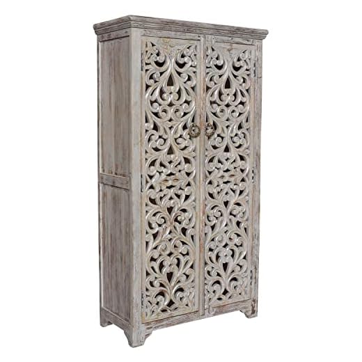Crestview Collection CVFNR353 Bengal Manor Mango Wood Hand Carved Open Design 2 Door Tall Cabinet Furniture, Brown