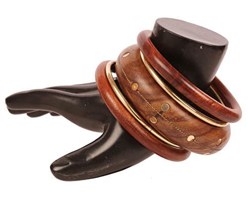 Image of Touchstone wood bracelets for women bangle wooden jewelry handmade artisan bangles natural handcrafted brown olive stylish chunky boho bohemian bracelet brass metal inlaid woods stackable