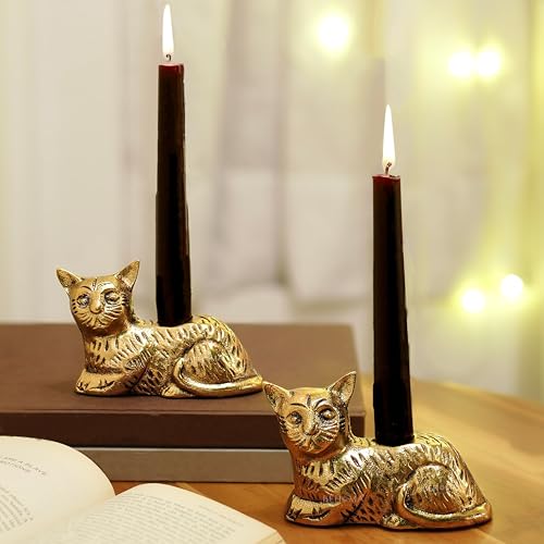 Image of BEHOMA Aluminium Cat Candle Holder Statue Set of 2 | Antique Gold Decorative Figurine for Home Decor, Table, Living Room | Best Gift Item for Anniversary, Wedding, House Warming, Return Gift