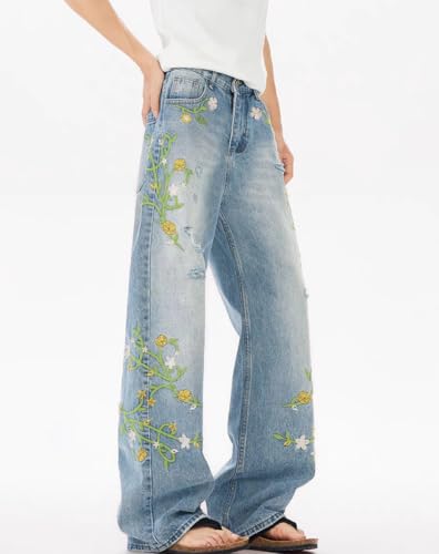 Y2k Vintage Vine Floral Embroidery Harajuku Baggy Jeans Hiphop Streetwear Grunge Ripped Loose Casual Cowboy Denim Pants2
