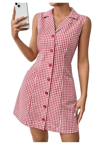 MakeMeChic Women's Plaid Gingham Lapel Button Down Short Dresses Sleeveless A Line Shirt Dress with Pocket Red and White Small