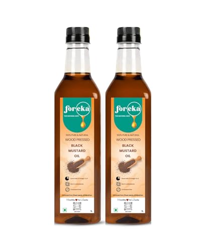Image of Foreka Wood Pressed Black Mustard Oil 1 Litre (Pack of 2) - Cold Pressed & Unrefined Kachi Ghani Sarso Tel - 100% Natural Chemical-Free Cooking Oil - Strong Aroma & Traditional