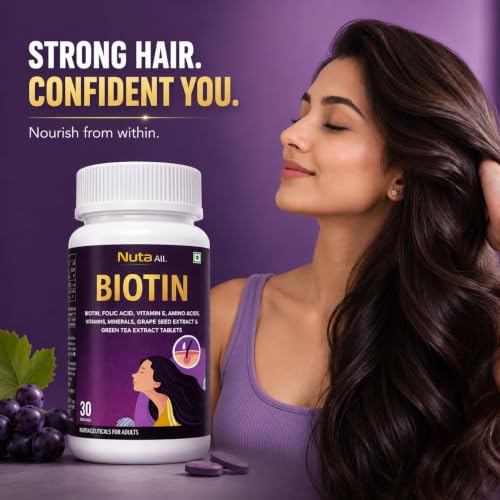 Image of Biotin Hair Growth Tablets | Biotin with Folic Acid, Vitamin E, Amino Acids & Antioxidants | Supports Hair Strength, Skin Glow & Nail Health | 30 Veg Tablets