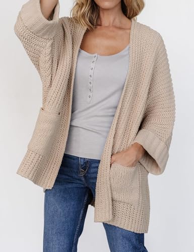 Athlisan Women's Oversized 3/4 Sleeve Open Front Knit Cardigan Outwear with Pockets3