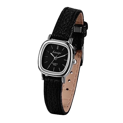 Montre bracelet en cuir noir femme avec boîtier carré argenté style rétro analogique