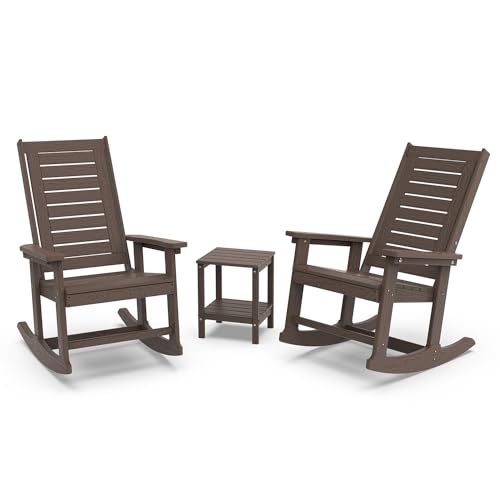 GREENVINES Outdoor Rocking Chair Set | 3-Piece | Dark Brown Wood Grain | 2 Rocking Chairs with 1 Side Table | Porch Rocker | HDPE Plastic | Patio Furn