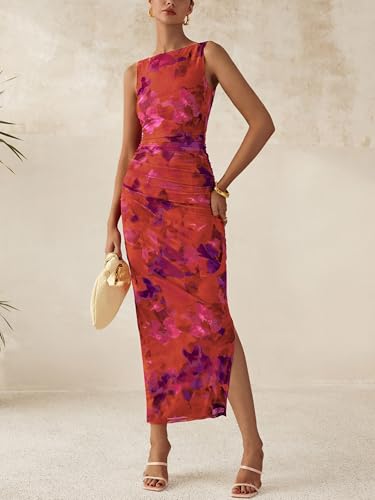MASCOMODA Womens Bodycon Summer Dresses 2025 Sleeveless Floral Mesh Maxi Dress Side Slit Ruched Long Party Cocktail Dresses4