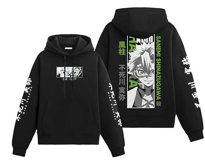 Image of Anime Hoodie,Pullover Sweatshirt with Japanese Character Print, Long Sleeve Graphic Hooded Top