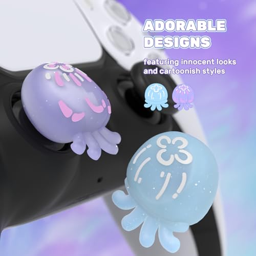 Image of PlayVital Cute Universal Illuminated LED Thumbstick Grips for ps5, for ps4, Joystick Caps for Xbox Series X /S, for Xbox One, Switch Pro Controllers, Joystick Protection - Jellyfish Purple & Blue