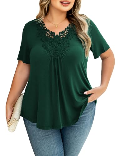 Tralilbee Women's Plus Size Tops Casual Blouse Short Sleeve Lace Crochet Tunic Tops, M-4XL
