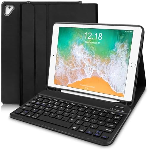Чохол-клавіатура YUEJIDZ для iPad 9.7, шкіряний чохол для iPad 6-го покоління 2018/5-го покоління 2017/Pro 9.7/iPad Air 2/Air 1- з тримачем для олівців та знімною клавіатурою Bluetooth (британська розкладка), чорний