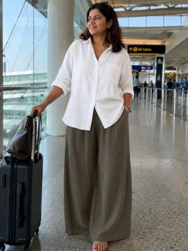Image of Women's Relaxed Fit Pure Cotton Linen Flared Palazzo Pants for Woman | Wide Leg Casual Trousers with Pockets | Plazo Pants for Women | High Waisted Office & Travel Wear (Available in Plus Sizes)