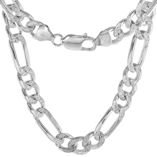 Sterling Silver Figaro Link Chain Necklaces & Bracelets 8mm Pave diamond cut Nickel Free Italy, 7-30 inch