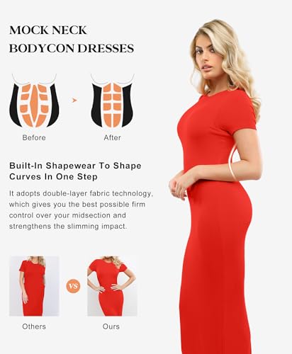 Image of Popilush Shaperwear Dress Built-in Bra Women's Casual Lounge Dress with Zipper Short Sleeve Mock Neck Bodycon Dresses
