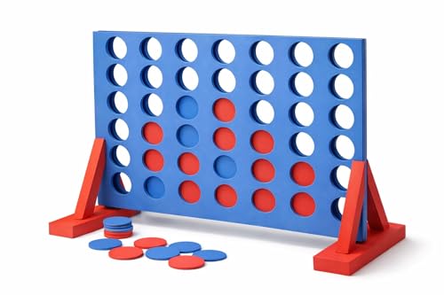 Giant 4 in a Row Garden Game - Large Outdoor Indoor Family Lawn Game for Kids & Adults - EVA Foam Party Wedding Game Set with 42 Red & Blue Counters Freestanding 70cm