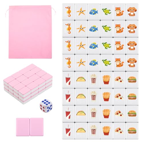 Shinylin Pink 2 Players Mahjong Game Set, Mahjong Tile Game with 50 Tiles with 12 Different Patterns, Animal and Food Pattern, Portable Mahjongg Set...