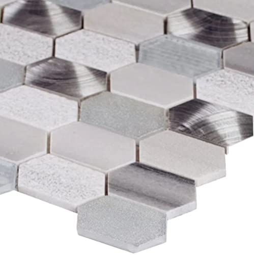 Tenedos Elongated Hexagon White Grey Silver Multi Textured Glass Stone