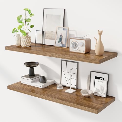 Image of Dreamland 40 inch Floating Shelves for Wall, 12 inch Deep Slim Walnut Floating Shelves, Wall-Mounted Shelves for Bedroom, Living Room, Kitchen, Bathroom - Set of 2