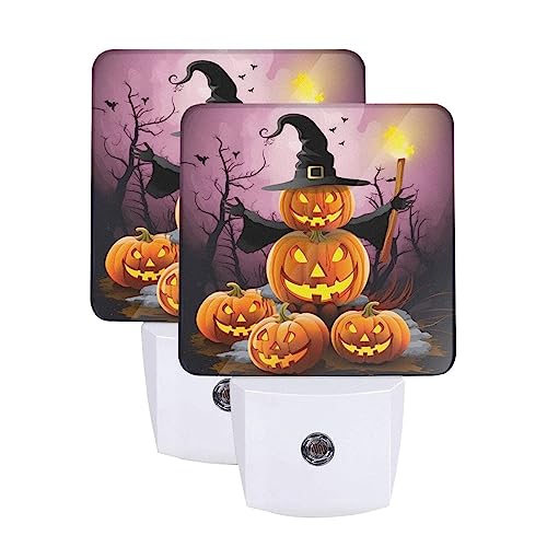 Image of Funny Pumpkin Hats Halloween LED Plug-in Night Light 2-Pack, Auto Sensor Nightlights for Bedroom Bathroom Decorations