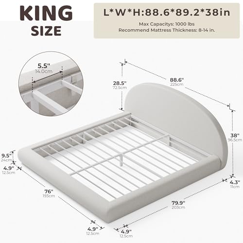Image of RECCI AirFrame Half-Moon Upholstered King Platform Bed Frame, Boucle Curved Arched Base with Headboard, 5 Inch Fully Round Cushioned Foam, No Box Spring Needed, Easy Assembly