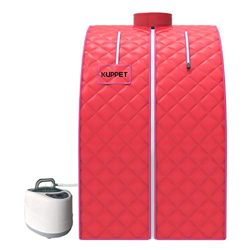 KUPPET Portable Folding Steam Sauna-2L One Person Home Sauna Spa for Full Body Slimming Loss Weight w/Chair, Remote Control, Steam Pot, Foot Rest, Mat (Pink)