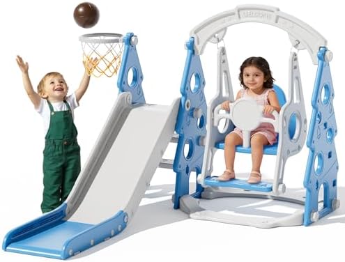 KORIMEFA 4-in-1 Toddler Swing and Slide Set, Toddler Slide Ages 1-3, Blue
