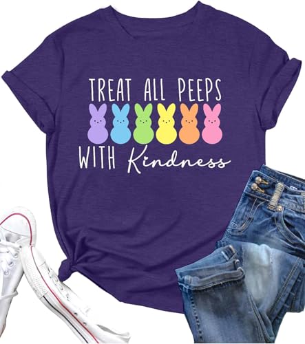 Image of LAZYCHILD Women Easter Teacher Shirts: Funny Treat All with Kindness T-Shirt Bunny Rabbit Tee Tops