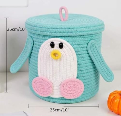 Image of Aroma Brand Kids Lid Basket with Beautiful Characters - Rope Storage Basket for Baby Diaper, Stuffed Animal Storage Bin Rope Basket for Kids Toy, Baby Laundry Baskets with Lid (Sea Green Penguin)