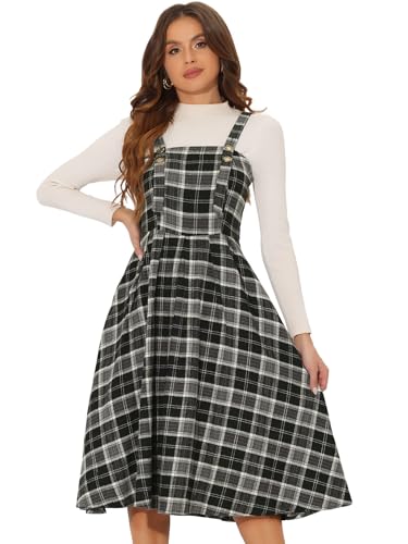 Allegra K Women Plaid Dresses Overall Vintage Sleeveless A-Line Suspender Dress Casual Pinafore Dress Medium Black