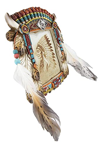 Ebros Gift Ebros Pack Of 2 Southwest Native American Indian Headdress And Alpha Wolf Dreamcatcher With Beaded Lace Eagle Feathers And Turquoise Gems Wall Or Desktop Easel Back 4X6 Photo Picture Frames Figurines thumb #3