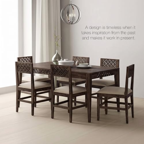 Image of SONA ART & CRAFTS CNC Solid Sheesham Wood Dining Table Set 6 Seater Dinner Dinning Table with 6 Cushion Chair for Dining Furniture for Living Room Home Hotel Office Self Assembly (Dark Brown)