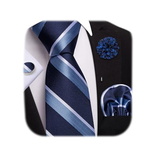 Image of Dubulle Mens Tie and Lapel Pin Paisley Striped Floral Necktie for Men Pocket Square Cufflinks 4PCS Set Wedding Party