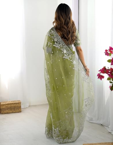 Image of SIRIL Women's Organza Sequence Embroidery Saree With Unstitched Blouse Piece