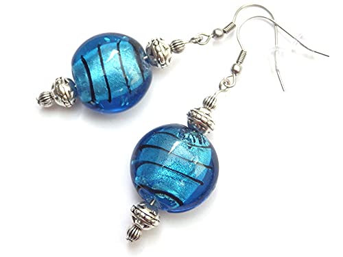 Boucles d'oreilles Venezia en acier inoxydable et perles plates en verre de Murano bleu
