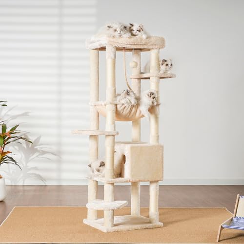 Image of Heybly Cat Tree for Large Cats, 20lbs Heavy Duty, 60 inches HCT050M | Cat Tower for Indoor Cats with Big Padded Plush Perch, Multi-Level Furniture Condo with Cozy Basket, Beige