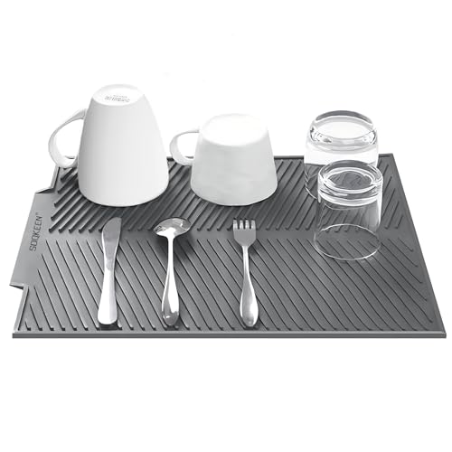 SOQKEEN Alfombrilla Escurreplatos de Silicona, 50 x 40 cm escurreplatos silicona, soportes para platos, antideslizante, resistencia a altas temperaturas, Alfombrilla para secar Platos, Gris