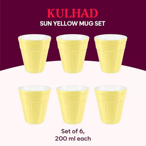Image of Larah by BOROSIL 200ml 6pc Sun Yellow Tea /Coffee Opalware Kulhad Set | Microwave & Dishwasher Safe | Bone-Ash Free | Crockery Set Ideal for Daily Use & Gifting | Multicolor (Yellow)