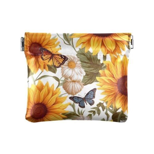 Sunflowers and Butterflies Coin Purse Leather Pouch Change Purse, Squeeze Coin Pouch for Cards, Keys & Lipsticks, Unisex