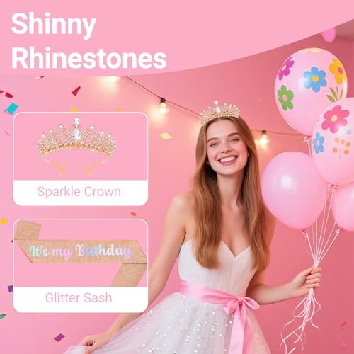 Birthday Tiara and Crown with Sash, Birthday Tiara for Women Party (Rose)