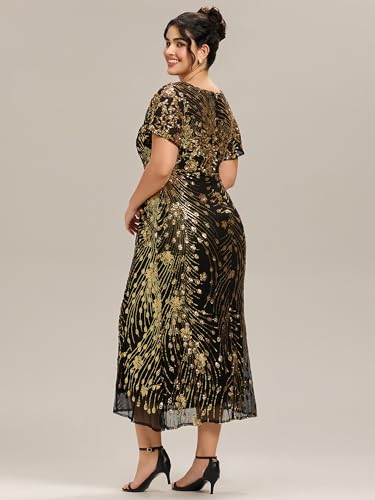 Image of Ever-Pretty Plus Women's Sequin V Neck Plus Size Prom Dress Mermaid Formal Cocktail Evening Dresses for Curvy Women