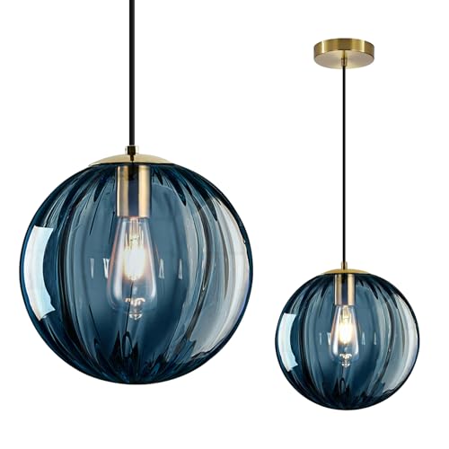 Modern Blue Glass Pendant Light, Kitchen Island Lighting Single Globe Pendant Light Fixtures Century Kitchen Island Pendant Lighting for Bedroom Living Dining Room Light Fixture （Without Bulb）